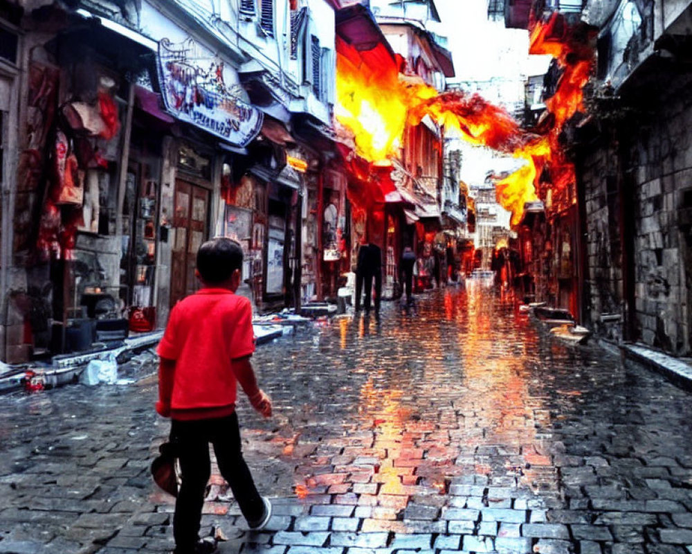 Child in Red Shirt Walking on Wet Cobblestone Street Among Old Buildings with Red Flame-like Decorations