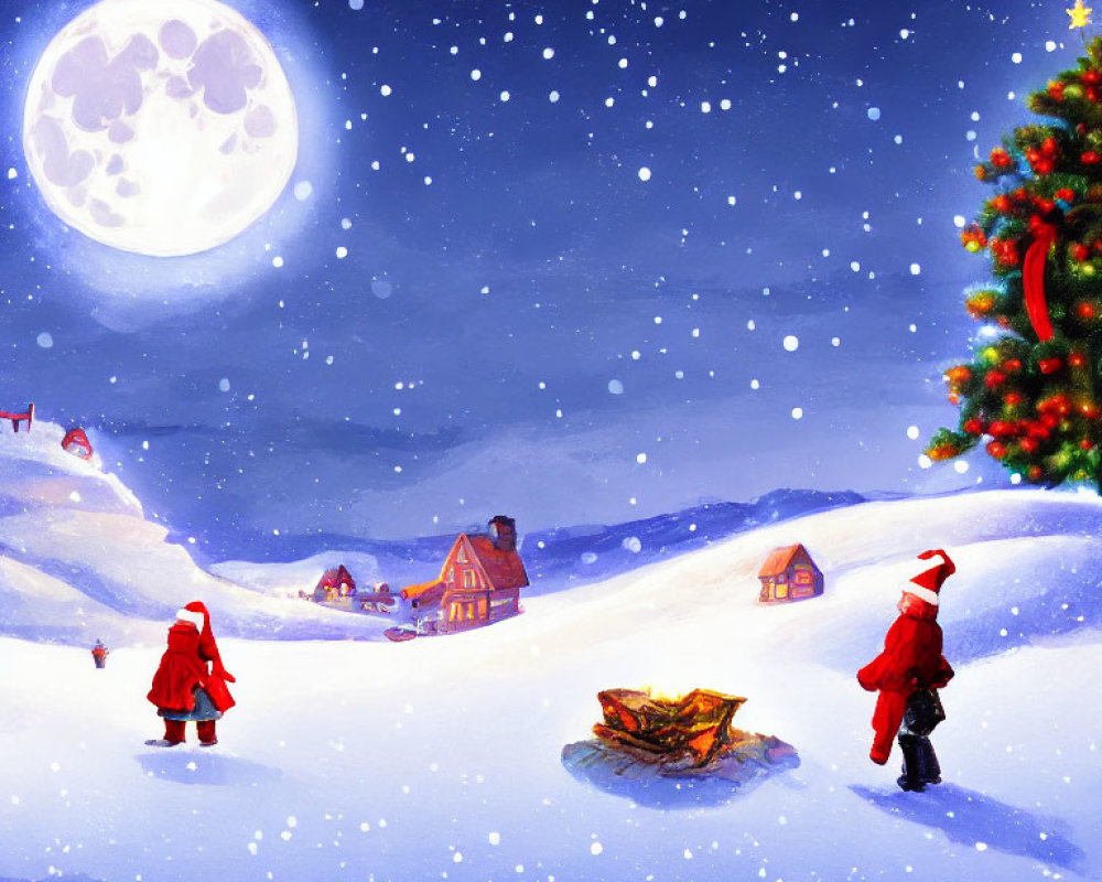 Winter night scene: Santa-clad figures near lit Christmas tree under full moon