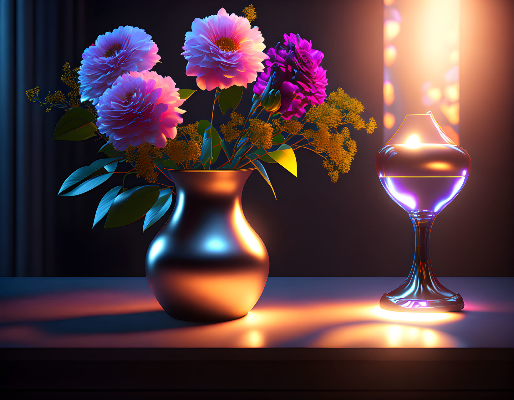 Colorful Flower Bouquet in Bronze Vase with Wine Glass and Ambient Lighting