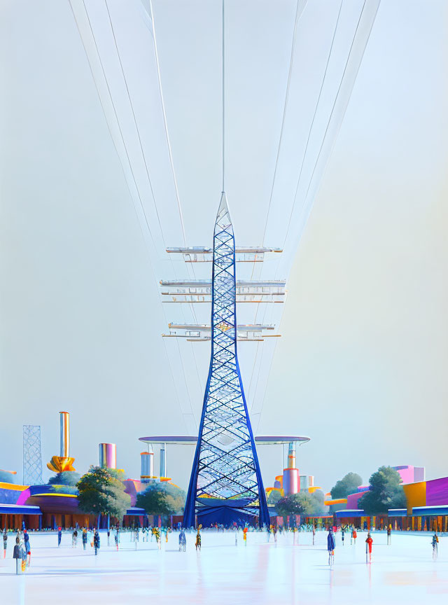 Futuristic tower with cables and platforms in urban setting
