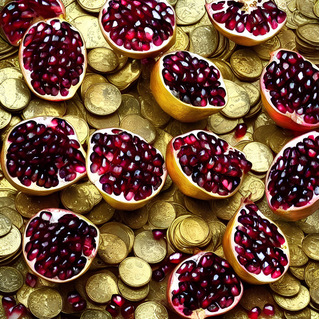 Halved pomegranates on scattered gold coins showcase red seeds against metallic yellow