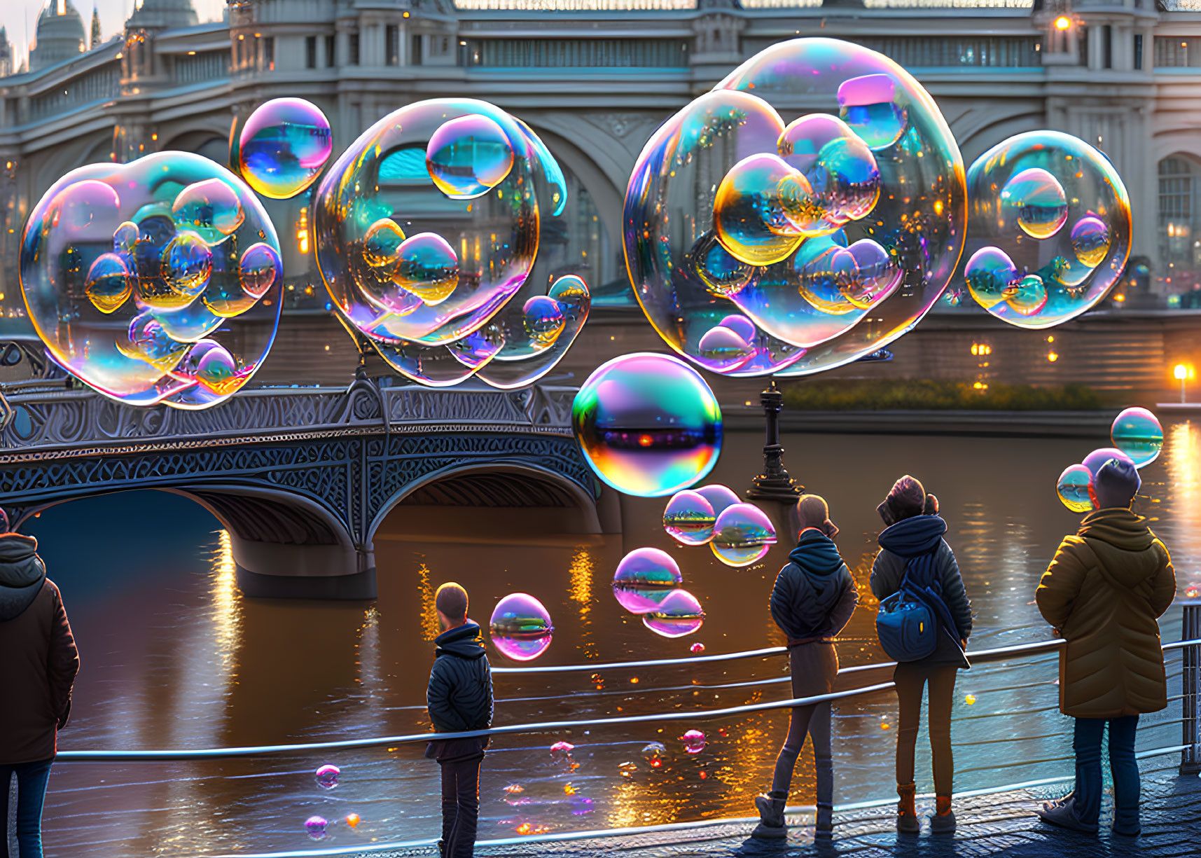 Iridescent bubbles float above river near bridge at twilight