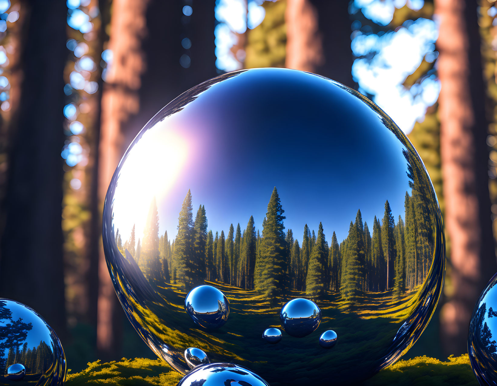 Reflective sphere distorts sunlit forest with scattered smaller spheres