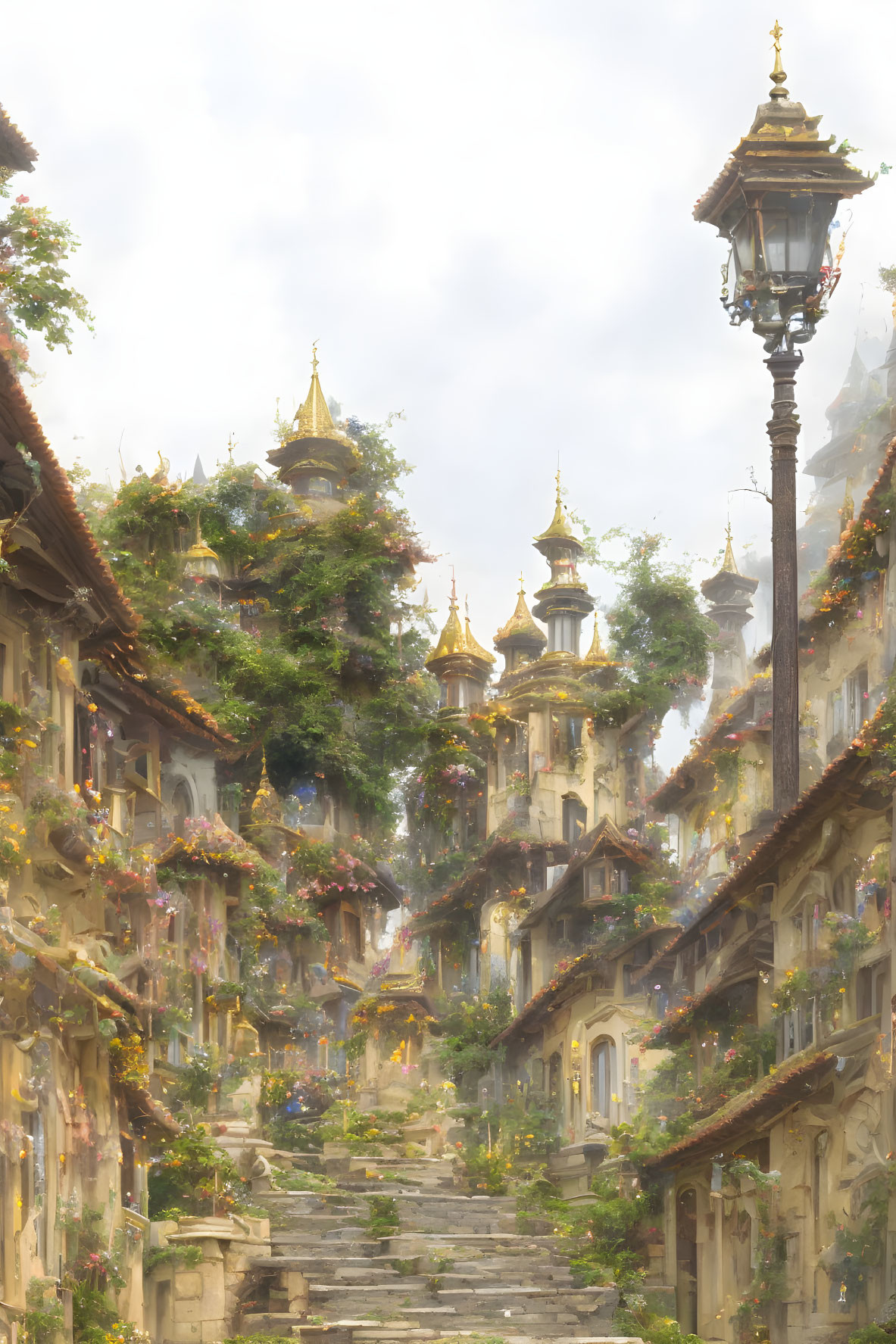 Ethereal cityscape with golden domed rooftops and lush foliage