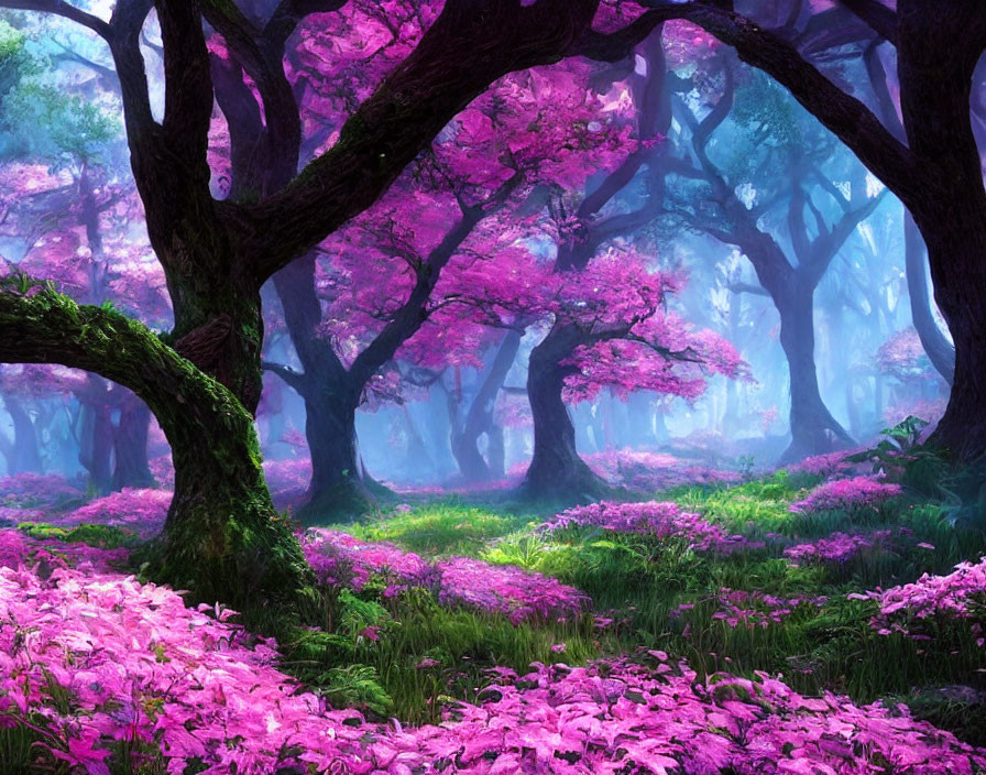 Vibrant pink cherry blossoms in mystical forest landscape