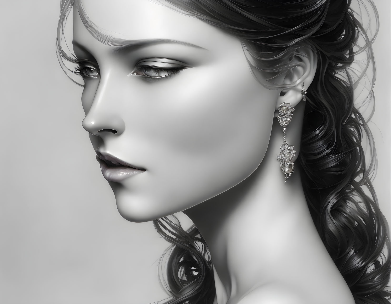 Monochrome image of woman's side profile with elegant earring