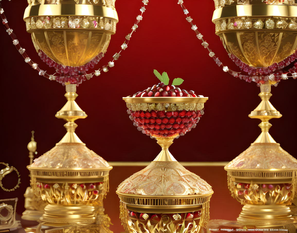 Intricate Golden Trophies with Jewels and Pearls on Red Background