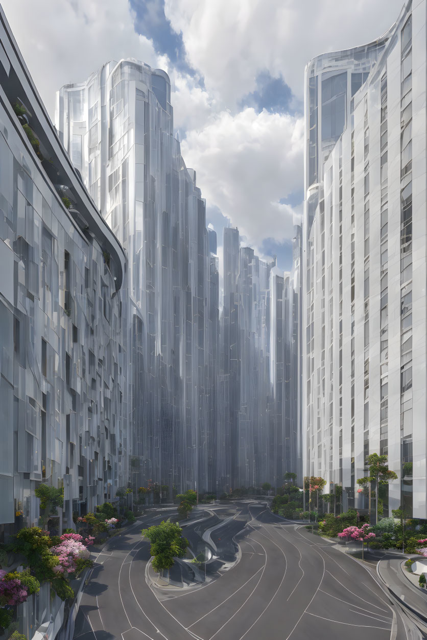 Futuristic Cityscape with Tall Buildings and Greenery