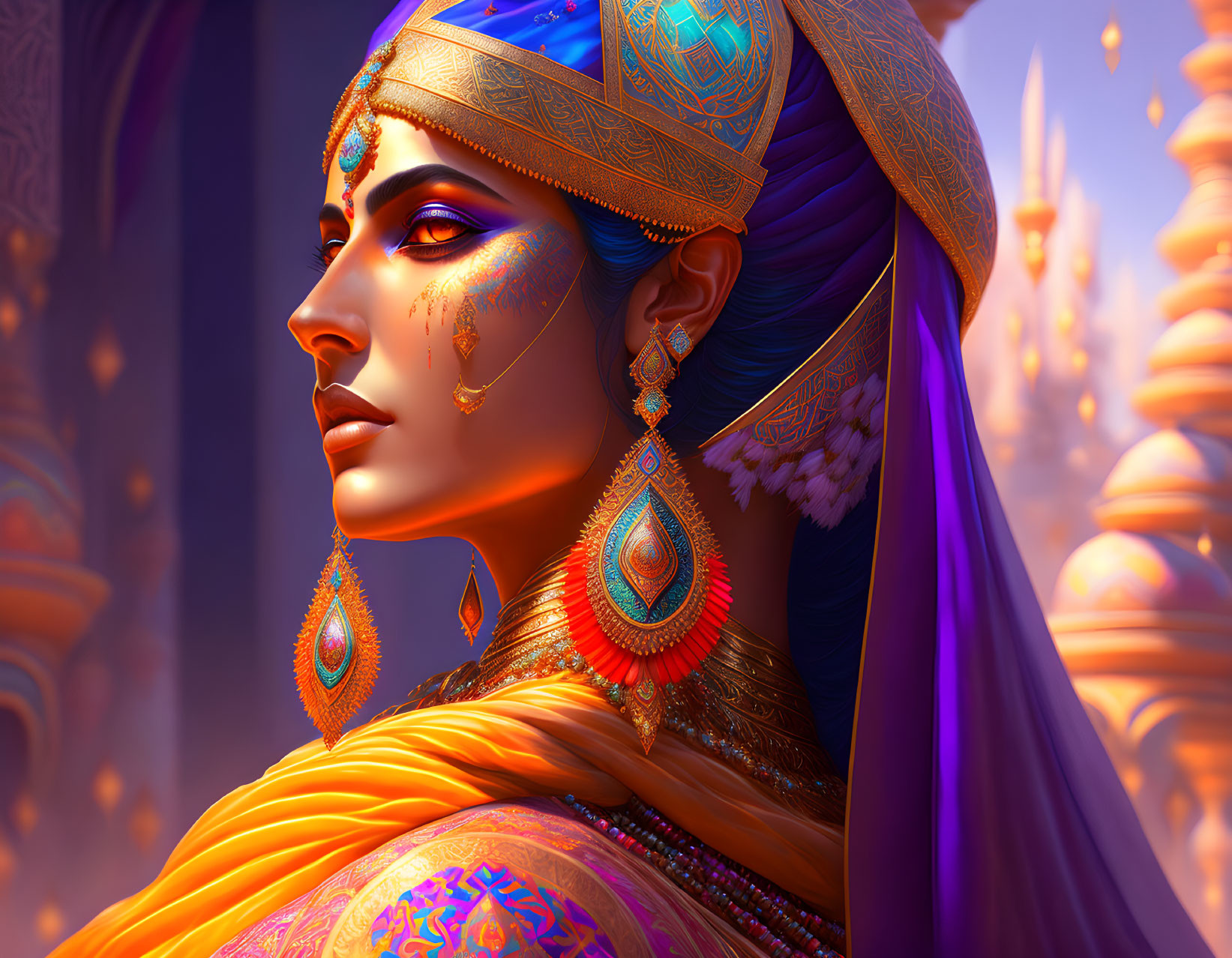 Regal Woman in Ornate Jewelry and Colorful Attire against Fantasy Palace.