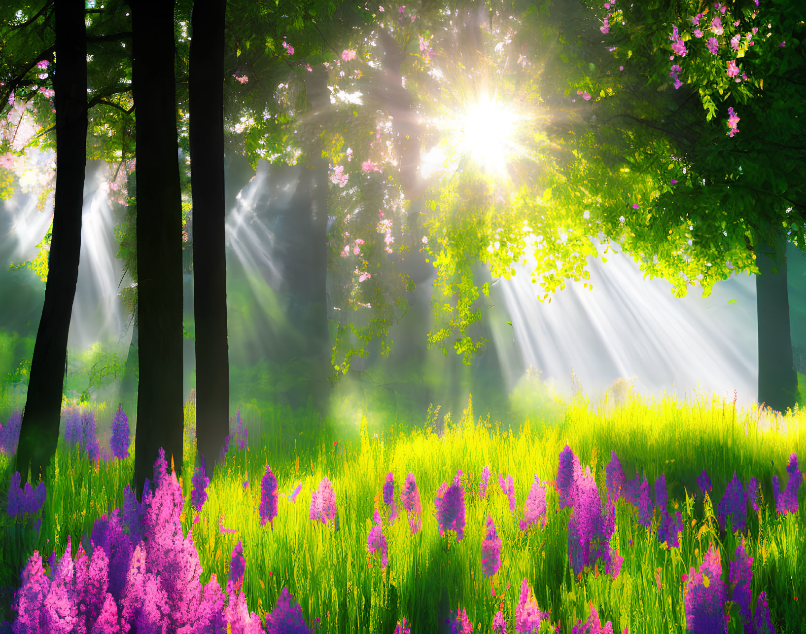 Lush green forest with sunlight, purple wildflowers, and green grass