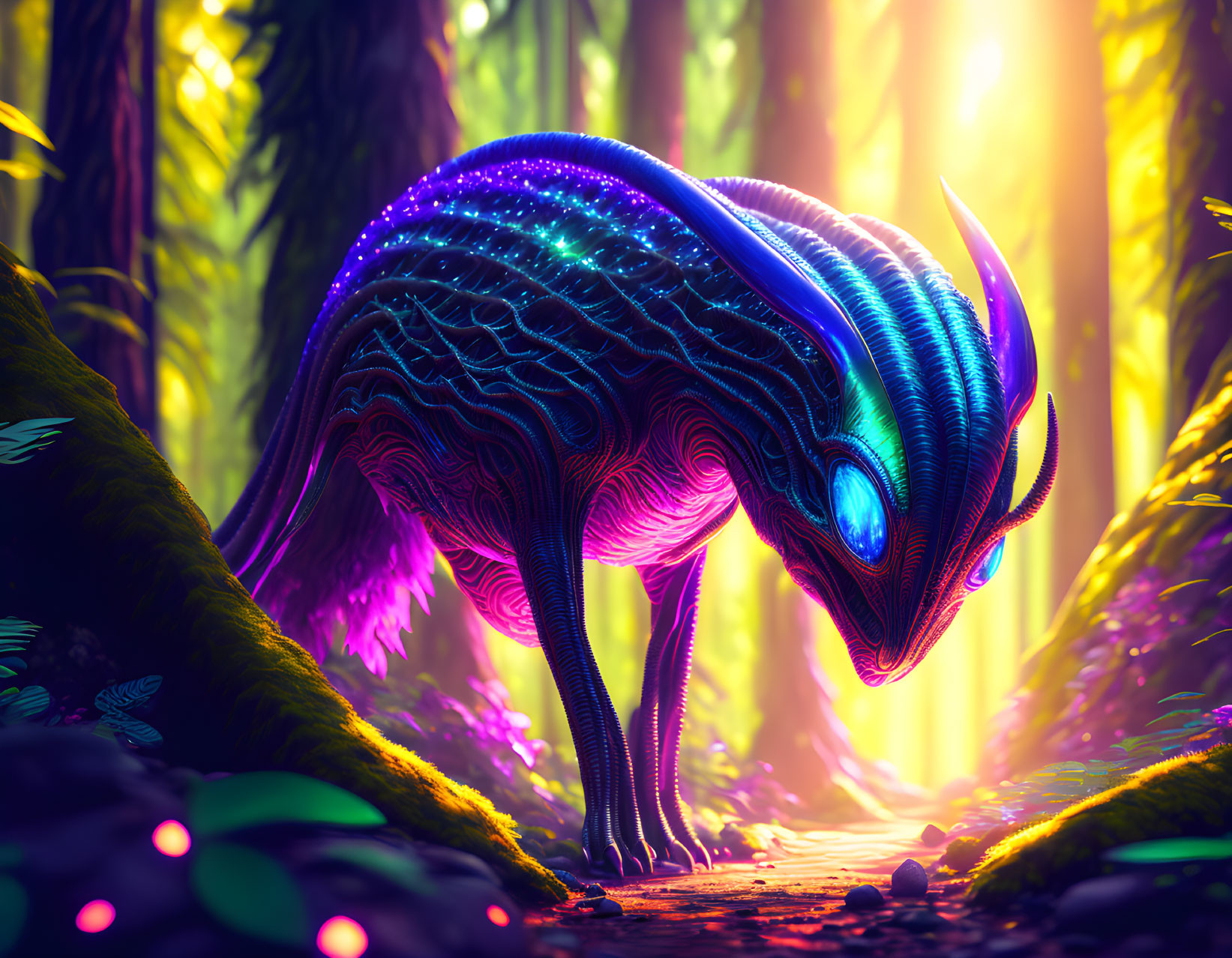 Bioluminescent beetle in enchanted forest with neon exoskeleton