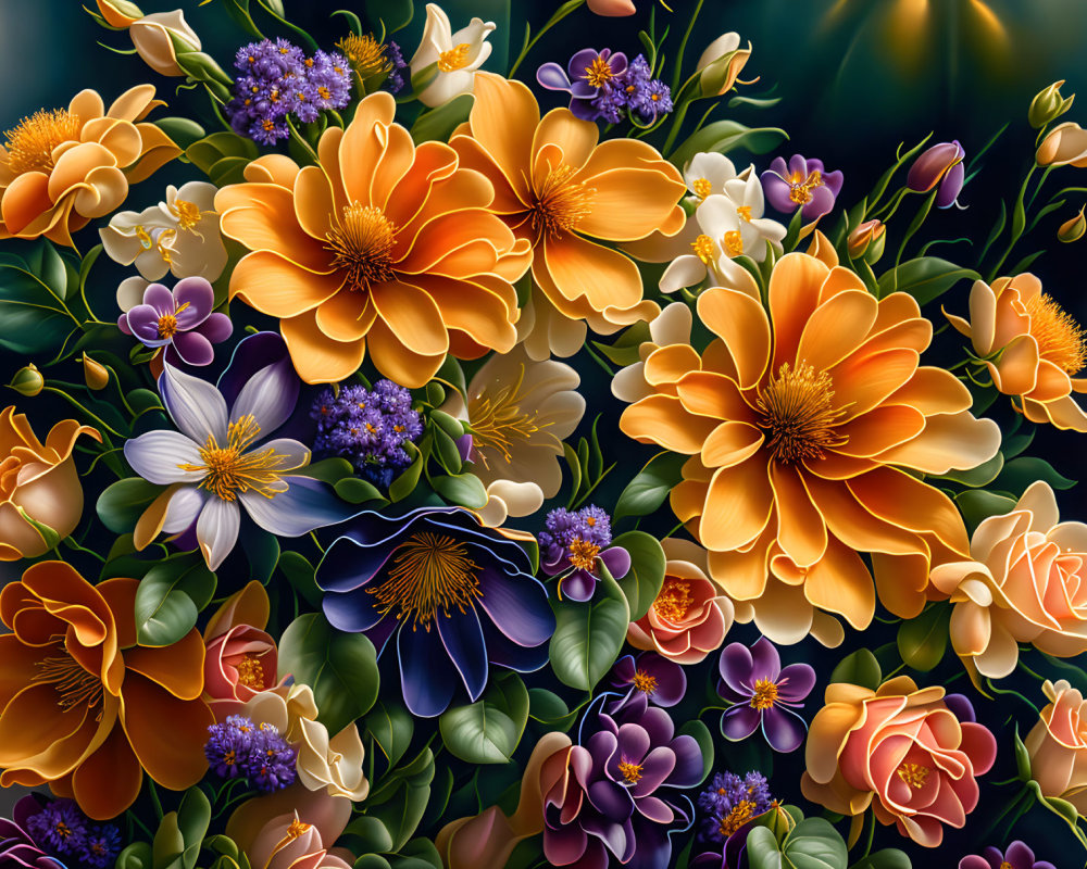 Colorful Illustrated Flower Bouquet with Vibrant Shades of Oranges, Yellows, Purp