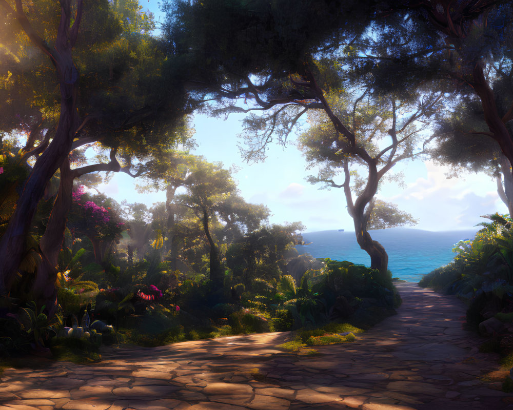 Tranquil Pathway with Lush Trees and Ocean View