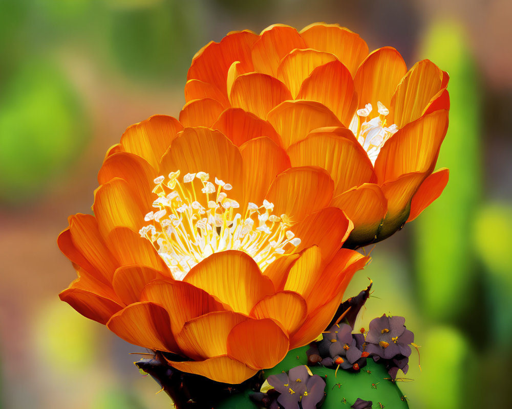 Blooming orange cactus flowers with white stamens on green backdrop