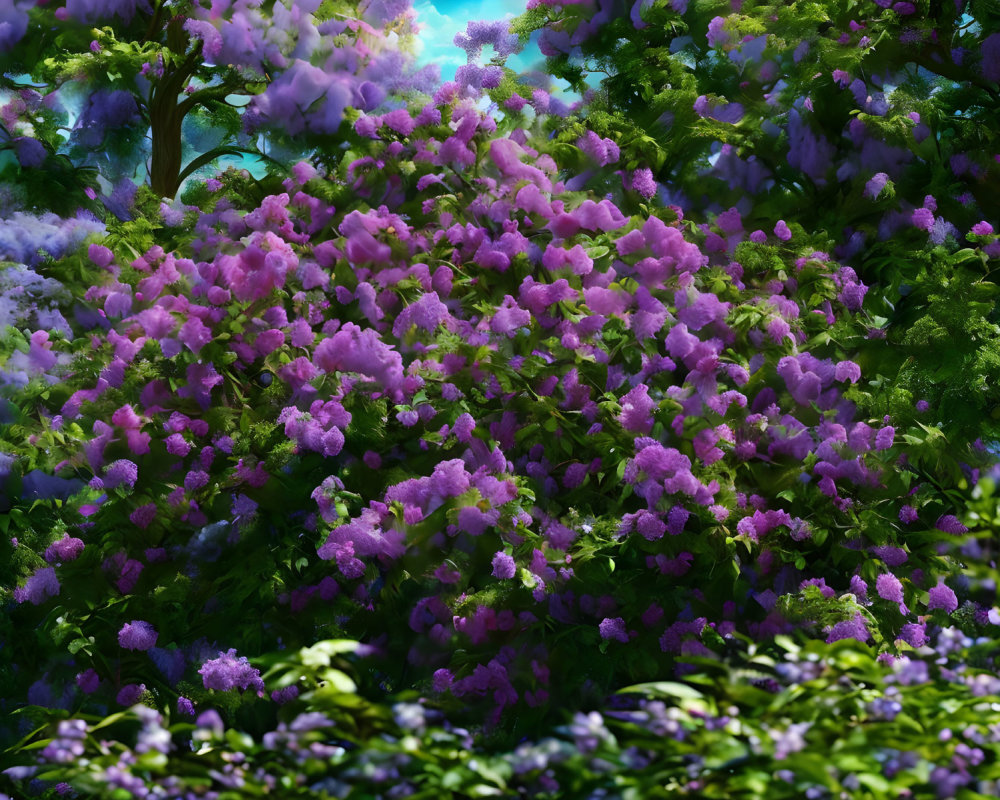 Vibrant purple flowers in lush garden with green foliage