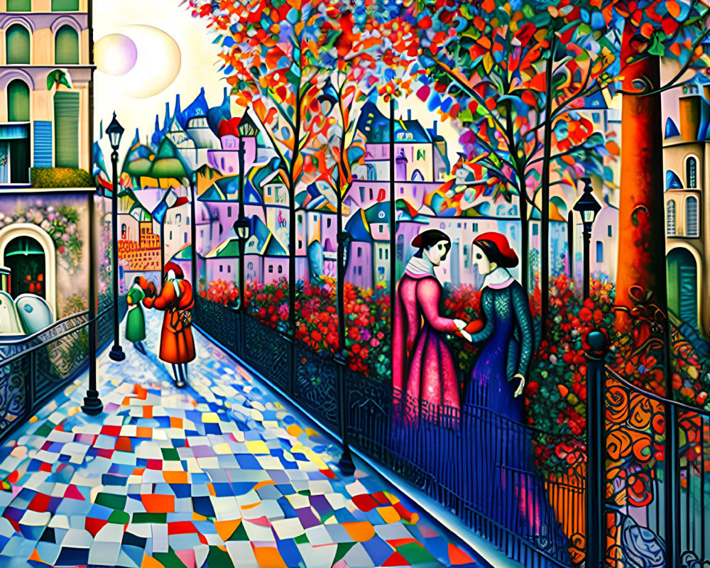 Colorful whimsical painting of couple embracing on vibrant street with mosaic tiles, trees with autumn leaves,