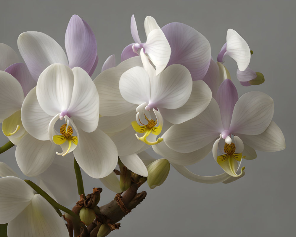 Close-up of vibrant white and pale purple orchids on stem against gray background