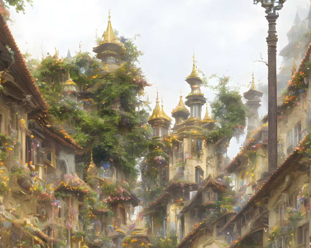 Ethereal cityscape with golden domed rooftops and lush foliage
