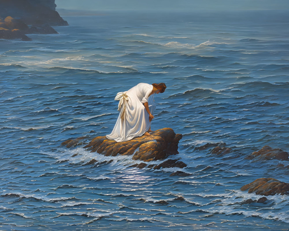 Person in white robe reaching towards calm sea on rocky outcrop