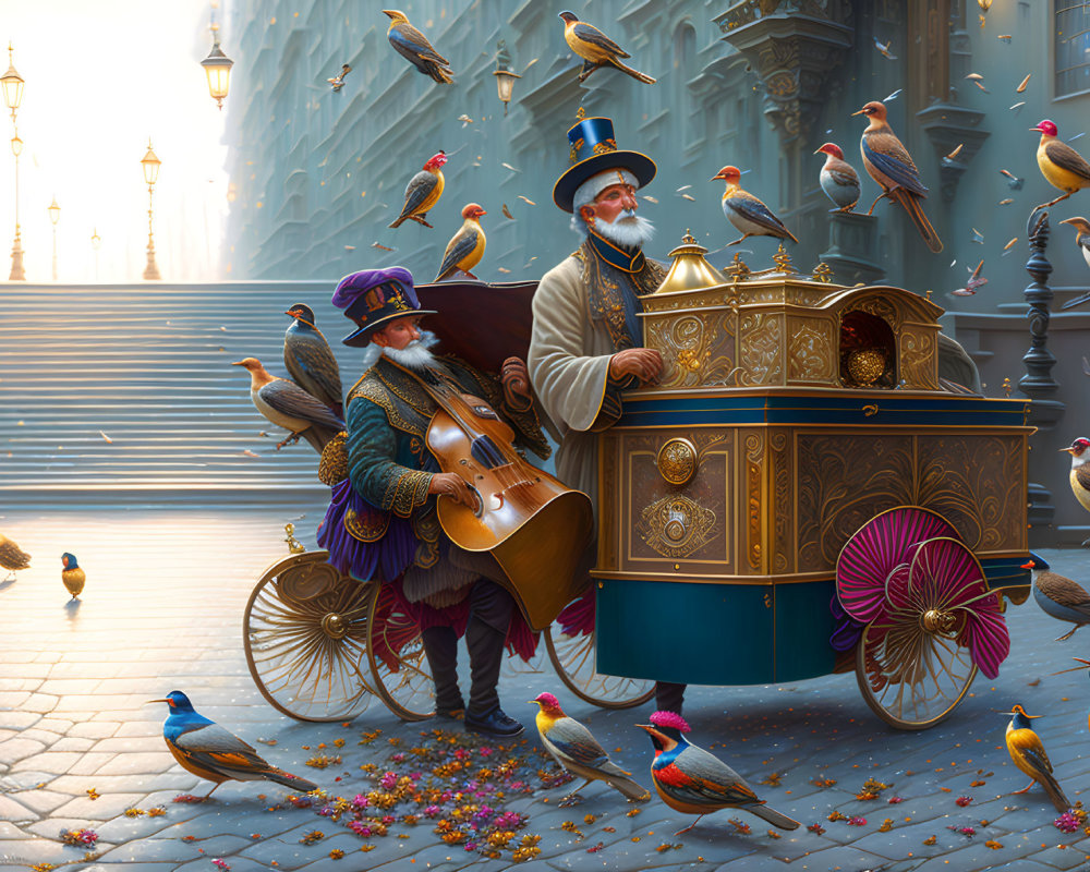 City street scene with barrel organ player, cello musician, and pigeons amid elegant architecture