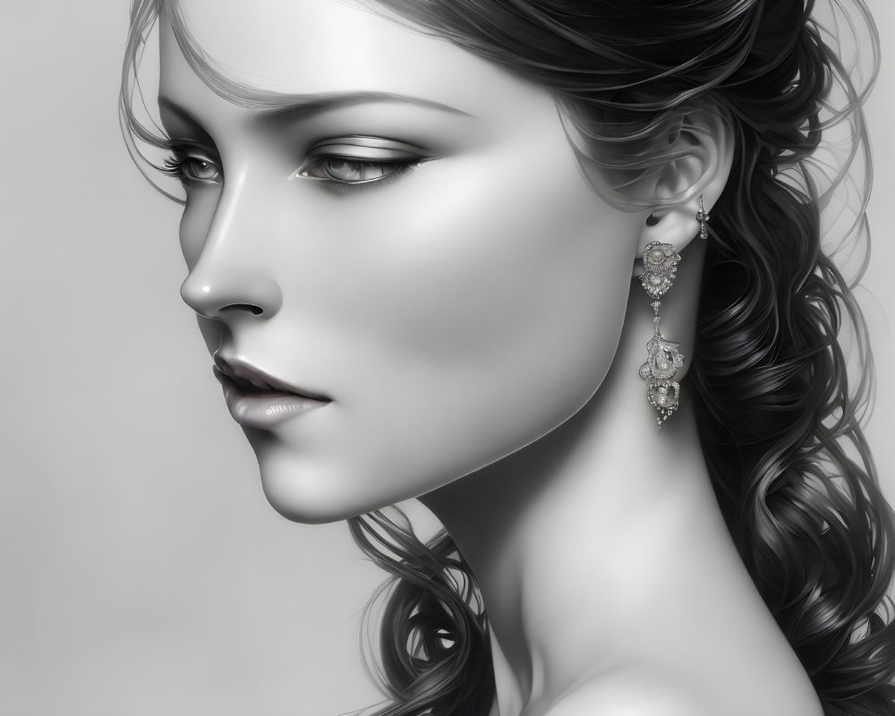 Monochrome image of woman's side profile with elegant earring