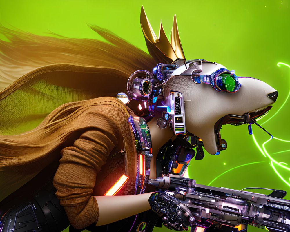 Cybernetic wolf with royal crown and neon green background.