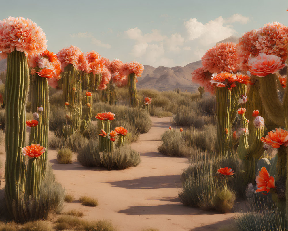 Desert Path with Towering Cacti and Blooms in Orange and Pink