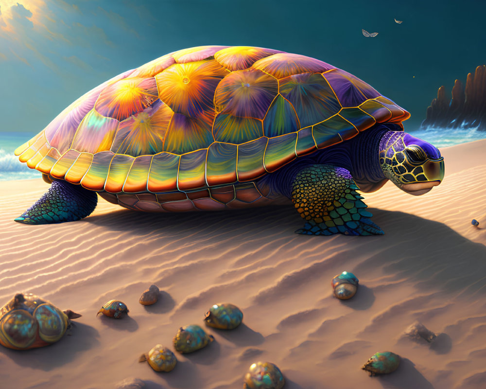 Colorful Large Turtle Walking on Sandy Beach with Smaller Turtles and Twilight Sky