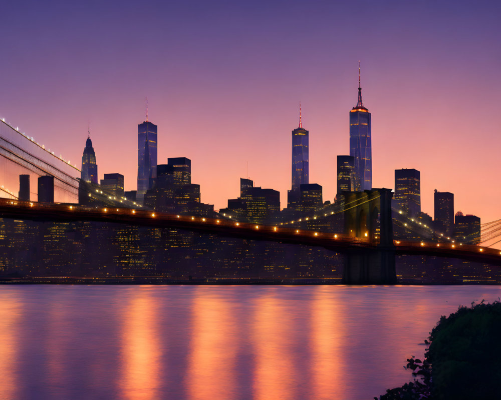 City skyline at dusk with illuminated skyscrapers, bridge, and water reflections