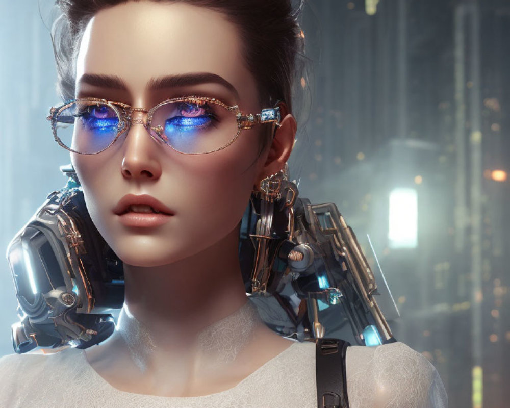 Futuristic digital art: Woman with cybernetic enhancements and blue-tinted sunglasses in city