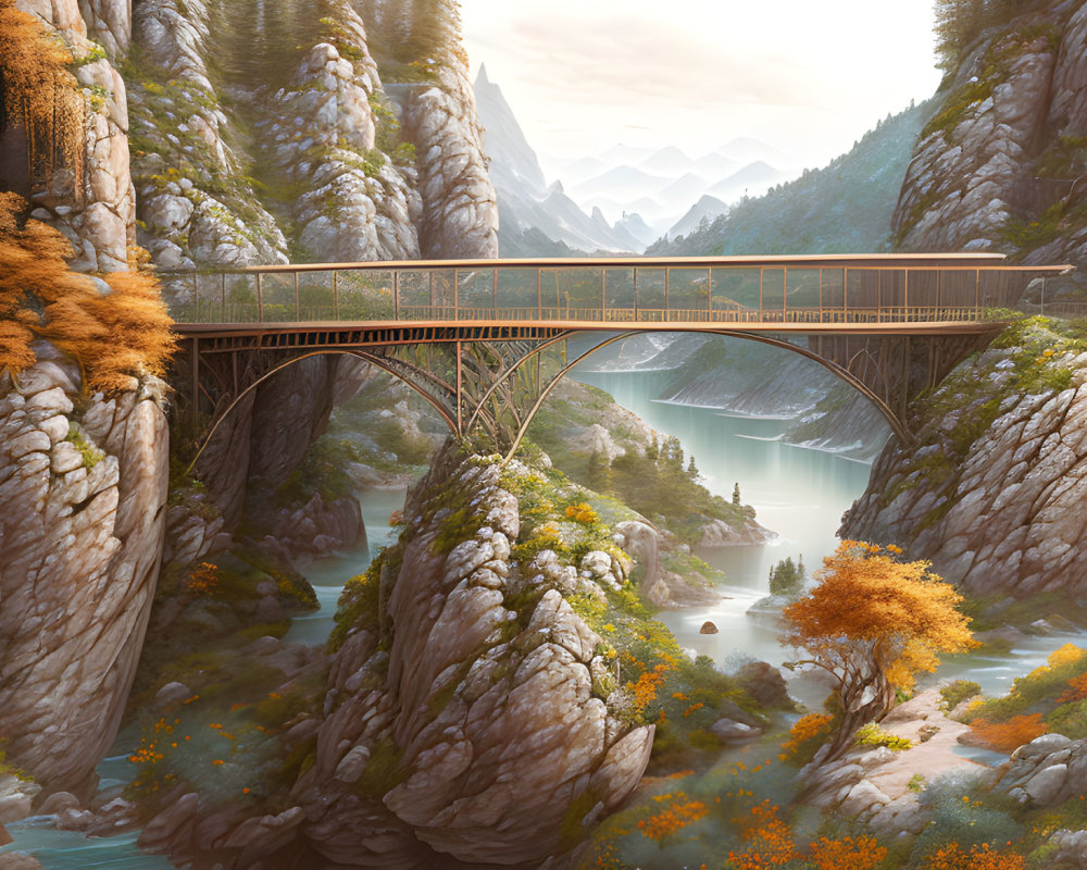 Scenic landscape: bridge over river, mountains, autumn trees, rock formations