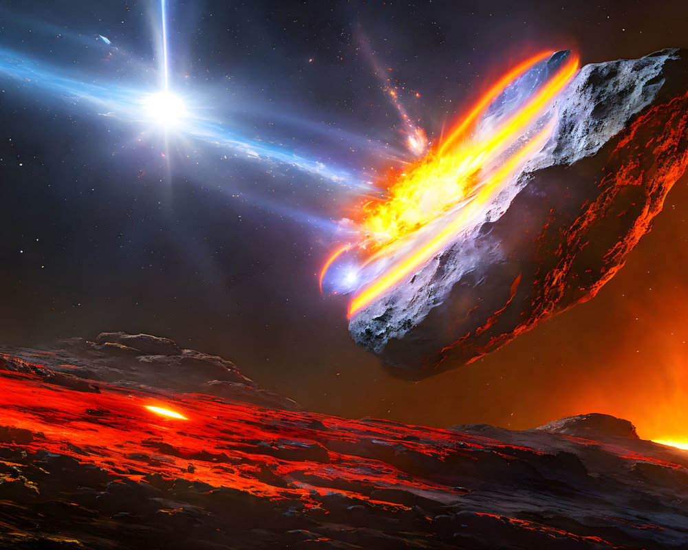 Fiery asteroid passing star in space scene with molten lava planet.