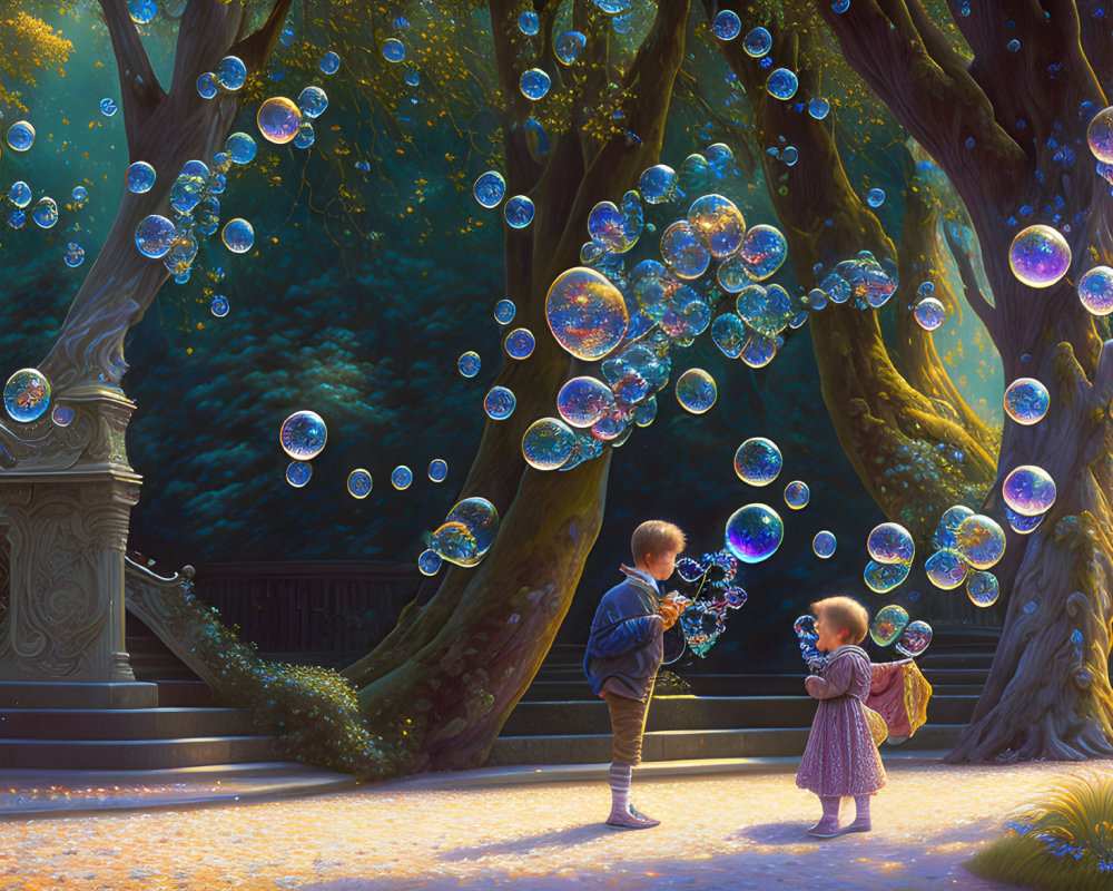Children blowing soap bubbles in a magical forest with iridescent bubbles and golden sunlight.