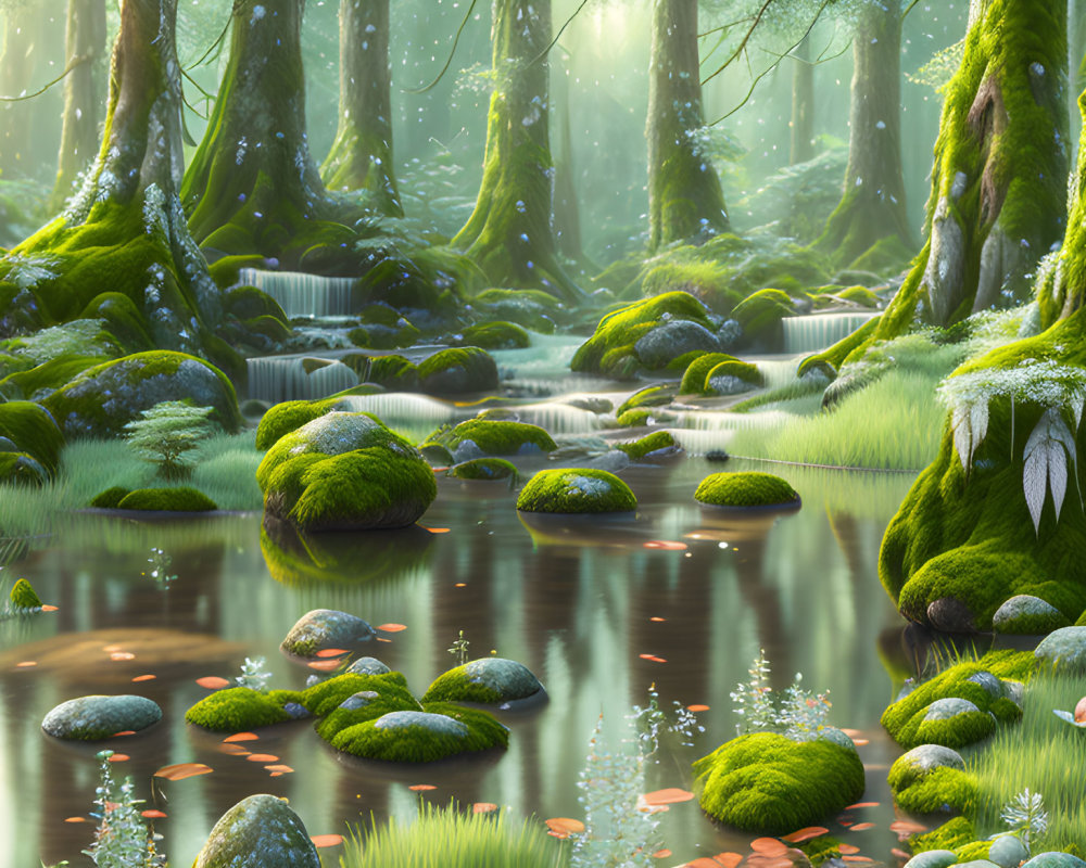 Serene Enchanted Forest with Moss-Covered Rocks and Pink Flowers