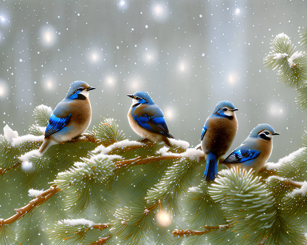 Bluebirds perched on snowy pine branches with falling snowflakes.
