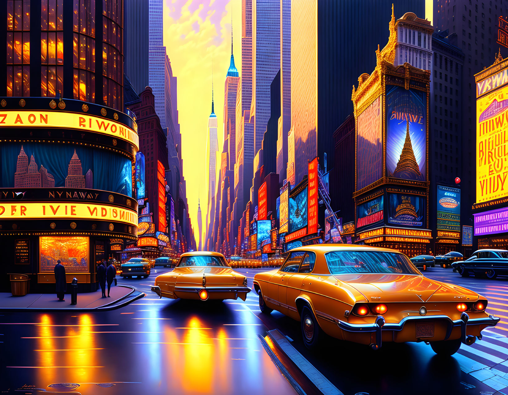 City street at sunset with glowing billboards, vintage cars, and wet asphalt in downtown scenario