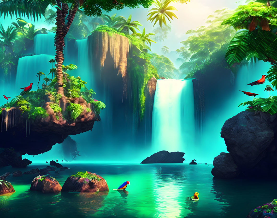 Tropical Waterfall Scene with Exotic Birds and Lush Vegetation