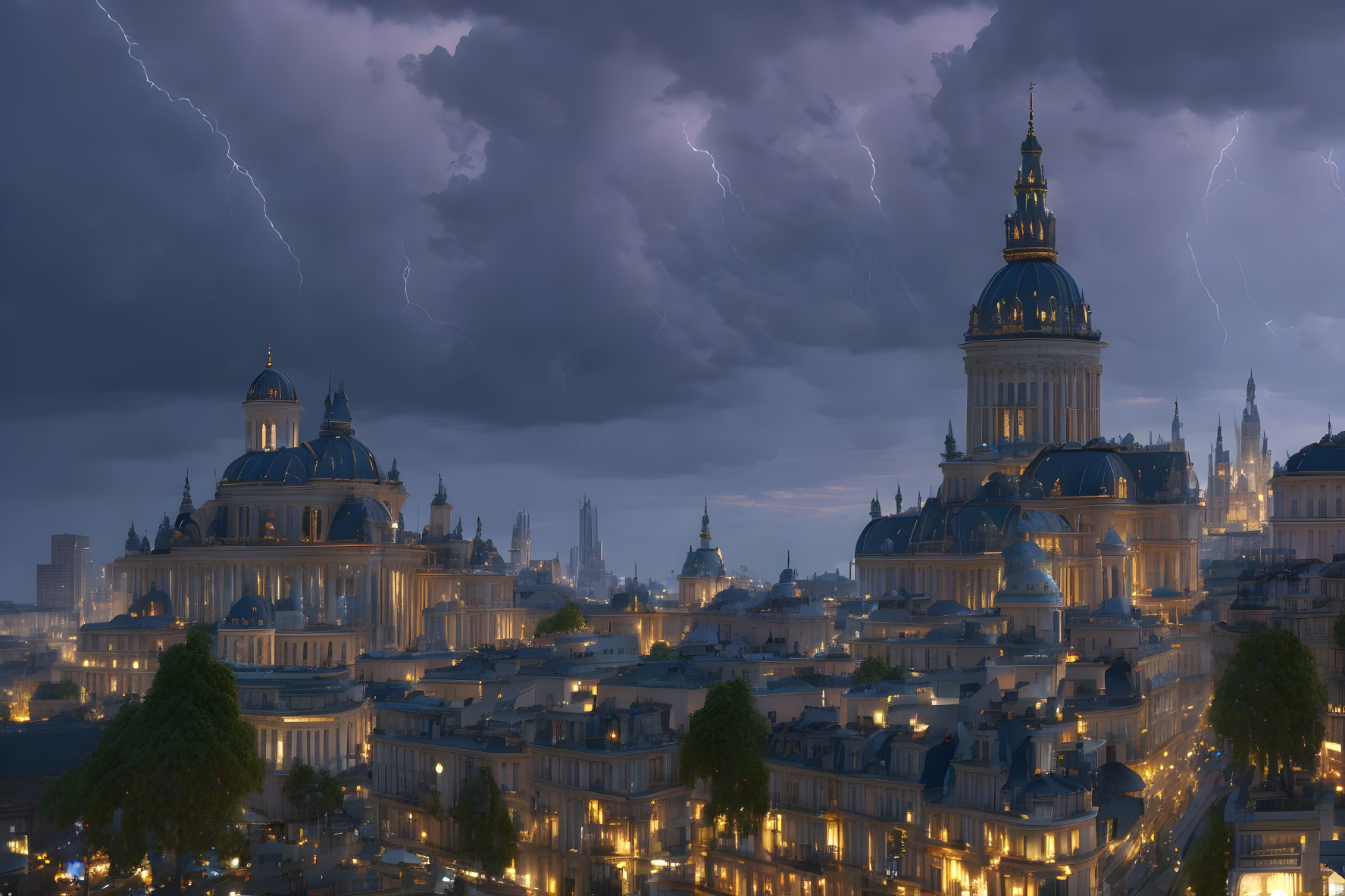 Evening European city before a thunderstorm