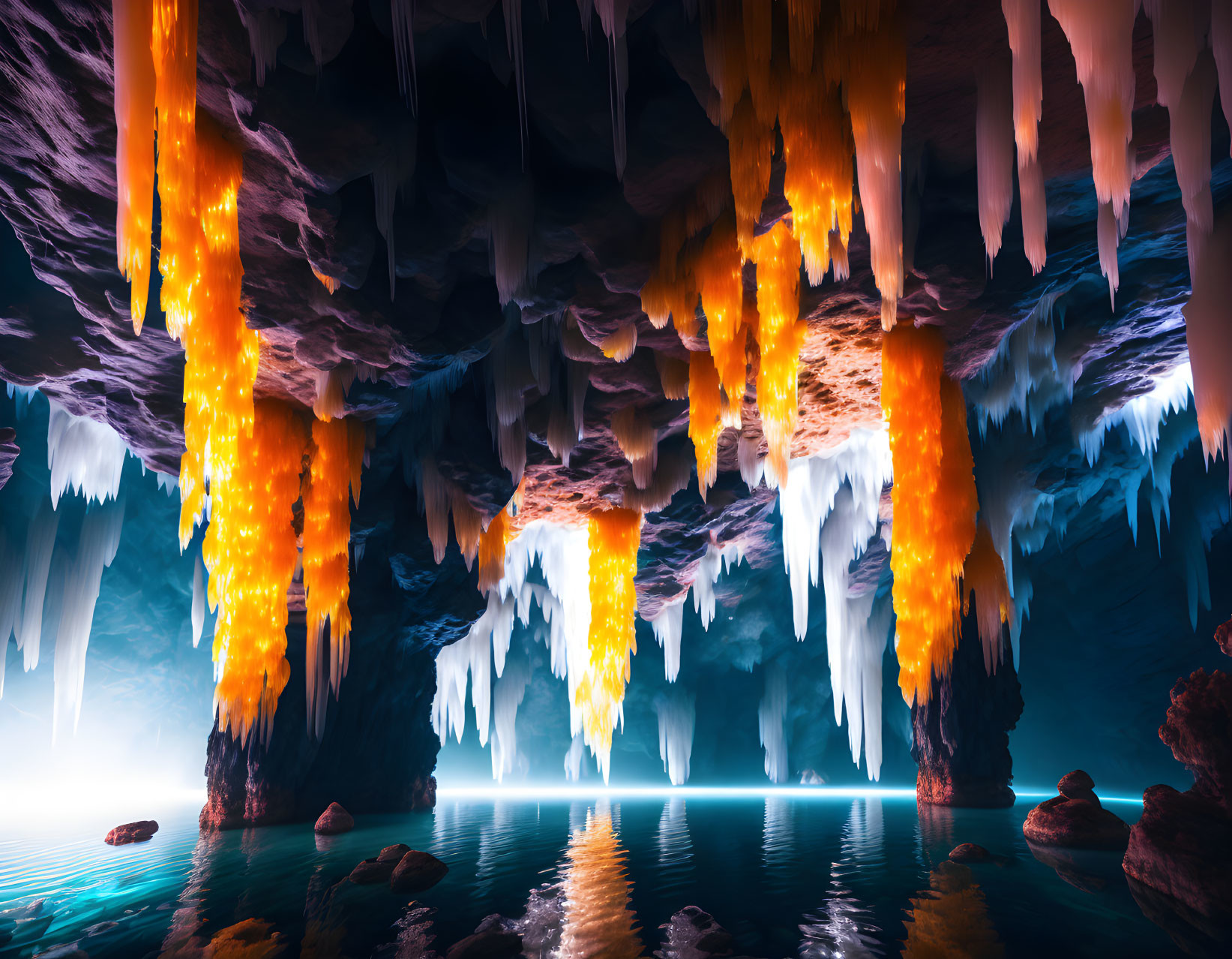 Mystical Cave with Glowing Stalactites and Icicle-like Formations