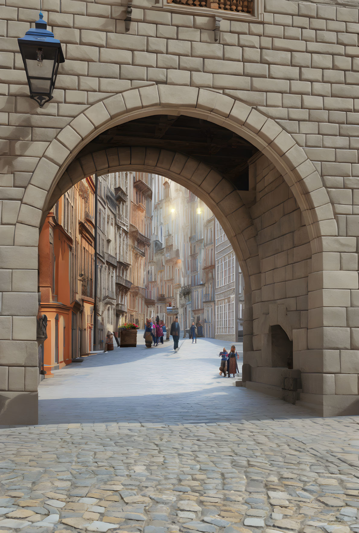 Stone Archway Over Cobblestone Street and Old Buildings with Pedestrians, Lanterns, and