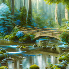 Tranquil forest landscape with wooden bridge over stream