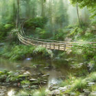 Tranquil forest landscape with frosted trees, calm river, moss-covered rocks, and wooden bridge