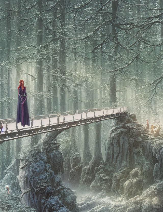 Woman in Purple Dress on Bridge in Ethereal Forest with White Rabbit