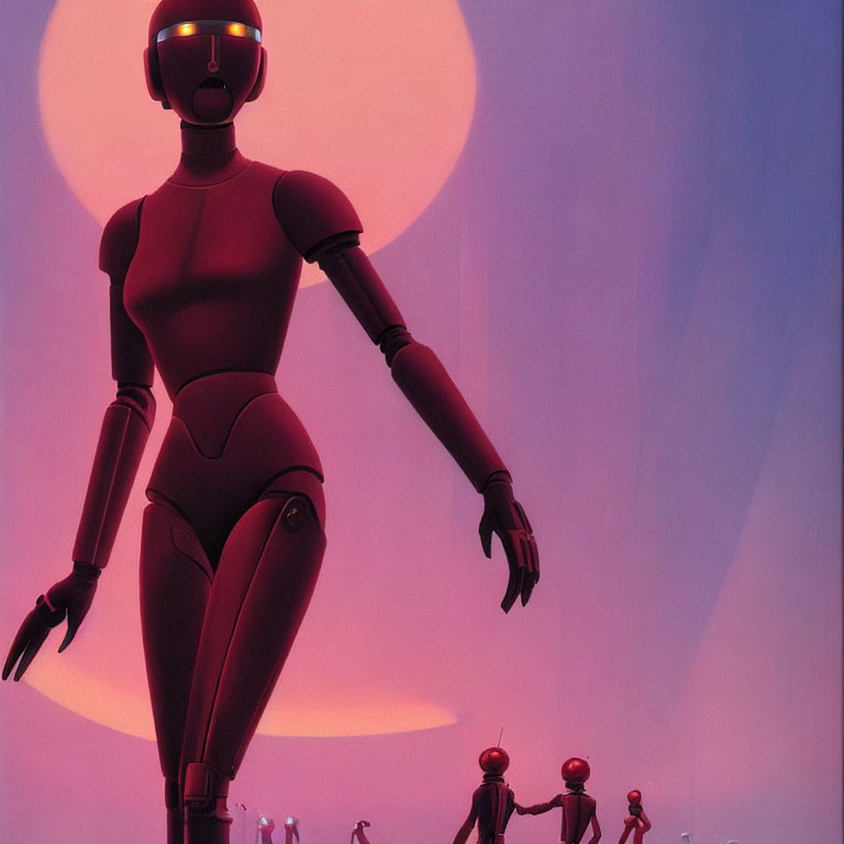 Stylized humanoid robots in red hues with large figure, smaller figures, and orbs