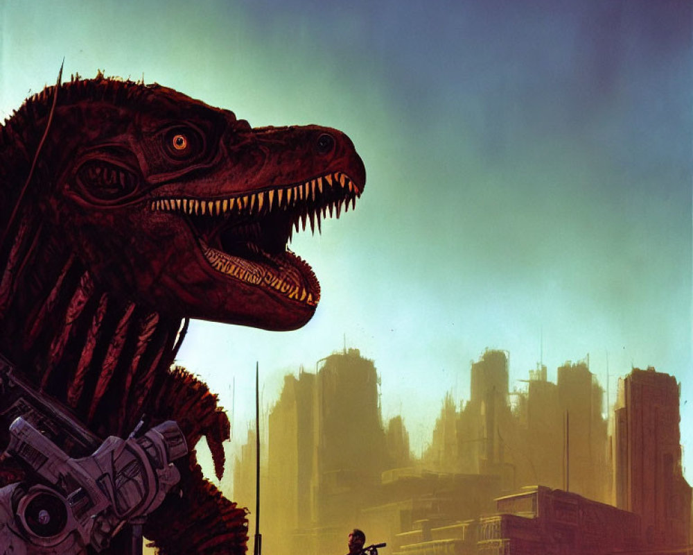 Giant reptilian creature with sharp teeth overlooking cityscape at dusk