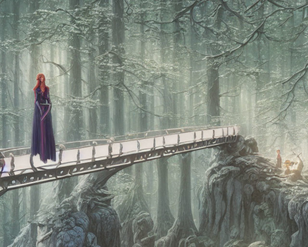 Woman in Purple Dress on Bridge in Ethereal Forest with White Rabbit