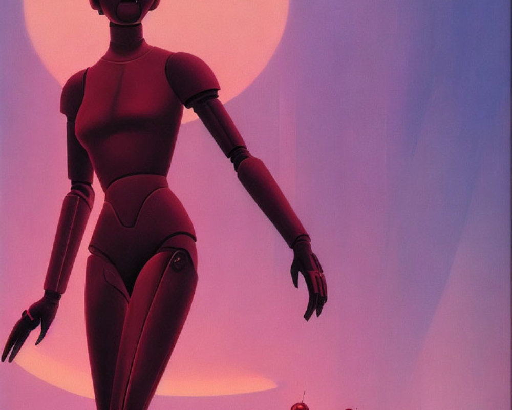 Stylized humanoid robots in red hues with large figure, smaller figures, and orbs