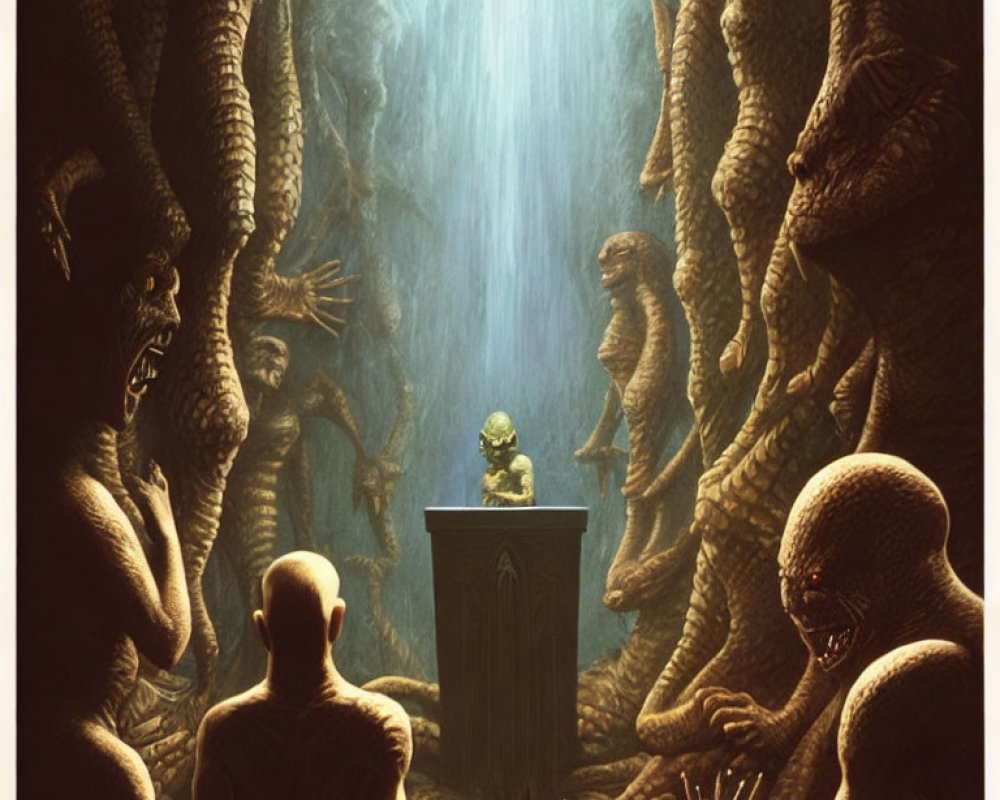 Infant at podium with alien figures in dimly lit cave setting