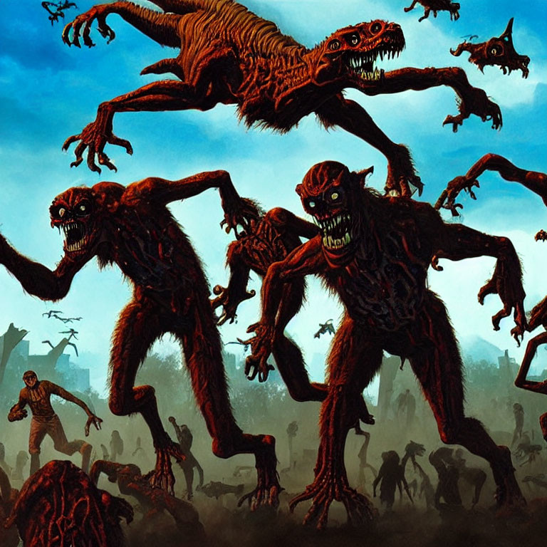 Distorted humanoid creatures with elongated limbs under a dusk sky