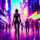 Futuristic neon-lit cityscape with silhouetted people and illuminated female robot